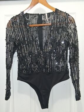 Black Sequin Long-Sleeve  Bodysuit